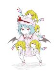  bat_wings blonde_hair blue_hair carrying child clone flandre_scarlet four_of_a_kind_(touhou) hat multiple_girls no_hat no_headwear red_eyes remilia_scarlet short_hair side_ponytail simple_background takeuma touhou white_background wings young 