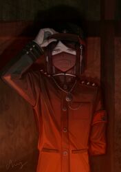  1boy adjusting_clothes adjusting_headwear arm_behind_back arm_up armband bandaged_hand bandages black_hair black_mask breast_pocket chy0113 collared_jacket commentary covered_mouth danganronpa_(series) danganronpa_v3:_killing_harmony gakuran hat jacket long_hair long_sleeves looking_at_viewer male_focus mask military_hat mouth_mask pocket red_armband red_theme school_uniform shinguji_korekiyo signature solo upper_body yellow_eyes zipper 