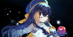  1girl apple beret black_background black_gloves black_hair black_hat blonde_streaks blue_shirt capelet closed_eyes commentary_request crossed_bangs food fruit gloves gold_trim hair_between_eyes hands_up hat highres holding holding_food holding_fruit idol_clothes layered_shirt long_hair long_sleeves multicolored_hair nijisanji nijisanji_en nijisanji_idol_uniform parted_lips petra_gurin shiroi_yuki_no_princess_wa_(vocaloid) shirt skin_tight sleeve_cuffs snowflakes solo streaked_hair two-tone_hair upper_body virtual_youtuber white_shirt wzoarrylmovmuju 