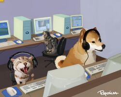  absurdres animal animal_focus bliss_(image) chair commentary computer computer_keyboard computer_mouse computer_tower dog doggo_revolution english_commentary headphones highres in_rainbows_(radiohead) indoors meme meme_request microsoft_windows monitor neopets no_humans office_chair original radiohead_(band) shiba_inu signature sitting swivel_chair tabby_cat windows_xp youtube 