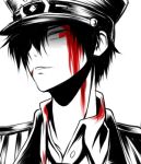  bad_id black_hair blood edan_(elsword) elsword hat lowres lte male red_eyes solo spot_color white_background 