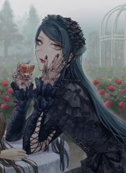  1boy alternate_costume belt black_dress black_headdress cage commentary_request cross-laced_clothes cross-laced_sleeves crossdressing crossdressing_(mtf) cup danganronpa_(series) danganronpa_v3:_killing_harmony dress eyelashes eyeliner eyeshadow flower fog frilled_dress frilled_sleeves frills from_side gloves gothic_lolita highres holding holding_cup katahaba_(wawawa_wa_haha) lace lace_gloves light_smile lipstick lolita_fashion long_hair looking_at_viewer makeup male_focus multiple_belts nail_polish outdoors red_flower red_lips red_rose rose rose_bush shinguji_korekiyo sitting solo_focus table teacup trap tree very_long_hair yellow_eyes 