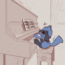  advos black_fur blue_fur chibi commentary english_commentary indoors instrument no_humans piano pokemon pokemon_(creature) riolu sitting tail two-tone_fur 