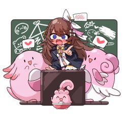  1girl @_@ absurdres ai_ai_gasa black_jacket blissey blue_eyes blush bow bowtie brown_hair chalk_drawing chalkboard chansey commentary_request cropped_shirt crossover deformed embarrassed evolutionary_line fang hair_bow half-skirt happiny heart highres hololive jacket jadea5124 long_hair navel official_alternate_costume official_alternate_hairstyle open_mouth pink_bow pink_shirt pink_skirt pointing pokemon pokemon_(creature) shirt skirt spoken_blush spoken_heart stomach tokino_sora tokino_sora_(birthday_2024) violet_eyes virtual_youtuber white_bow white_skirt yellow_bow yellow_bowtie 