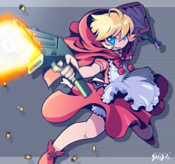  1girl apron artist_name b.b._hood basket blonde_hair bloomers blue_eyes commentary_request darkstalkers drawstring dress firing frilled_apron frills full_body gun holding holding_basket holding_gun holding_weapon hood hood_up legs_apart looking_at_viewer mac-10/11 molotov_cocktail muzzle_flash outstretched_arm parted_lips picnic_basket red_dress red_hood red_shoes shell_casing shisui shoes short_hair short_sleeves smirk solo standing submachine_gun weapon white_apron white_bloomers 