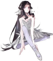  1girl ballet_slippers bare_arms bare_shoulders brown_hair closed_mouth dress feather_hair_ornament feathers full_body grey_dress hair_ornament hand_on_own_foot highres kneehighs long_hair looking_at_viewer mashumaro_gui pantyhose parted_bangs purple_pantyhose shoujo_kageki_revue_starlight sidelocks simple_background sitting socks solo strapless strapless_dress tendo_maya very_long_hair violet_eyes white_background 