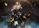  battle black_hair black_rock_shooter blonde_hair chariot_(black_rock_shooter) checkered checkered_floor closed_eyes crack cracks crown dead_master eyes_closed hjl horns long_hair lying multiple_girls orange_eyes shield standing sword weapon 