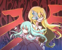  1girl black_dress blonde_hair blue_hair detached_sleeves dress dual_persona eve_(stella_glow) long_hair monster_girl red_eyes solo spoilers stella_glow vee_(mijudraws) 