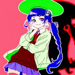  1girl absurdres blue_eyes blue_hair blunt_bangs blush braid brown_sweater closed_mouth collared_shirt commentary_request contrapposto crossed_arms drop_shadow dutch_angle earrings fang firework_japan green_hat green_jacket hair_ornament hand_on_own_face hat highres jacket jewelry long_hair long_sleeves looking_to_the_side neck_ribbon open_clothes open_jacket original over-kneehighs pleated_skirt purple_skirt red_background red_ribbon ribbon shirt sideways_glance simple_background single_earring skin_fang skirt skull_earrings skull_hair_ornament smirk solo sweater thigh-highs very_long_hair white_shirt wing_collar zettai_ryouiki 
