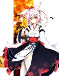  animal_ears bad_id bare_shoulders breasts detached_sleeves feathers frown hand_on_hilt hat inubashiri_momiji japanese_clothes kourindou_tengu_costume leaf maple_leaf obi pom_pom_(clothes) red_eyes short_hair solo sword tail tama_(soon32281) thigh-highs thighhighs tokin_hat touhou weapon white_hair white_legwear wolf_ears wolf_tail 