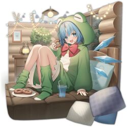  1girl :d alternate_costume animal_costume artist_request bed_frame blue_hair blue_wings blush bow bowtie ceiling_light chest_of_drawers cup detached_wings disposable_cup doughnut drinking_straw eating fingernails food food_on_face frog_costume full_body game_asset green_socks holding holding_food ice ice_wings indoors kneehighs knees_up lantern light_bulb long_sleeves looking_at_viewer non-web_source official_art on_bed open_mouth picture_frame pillow plant plate potted_plant red_bow red_bowtie self-datamine short_hair simple_background sitting smile socks solo touhou touhou_arcadia_record transparent_background violet_eyes wings wooden_wall 