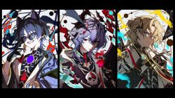  3boys adapted_costume albedo_(genshin_impact) bespectacled bishounen black_gloves black_horns black_sleeves black_wings blonde_hair blue_eyes blunt_ends bracelet cape cat_boy claws closed_mouth coat column_lineup dragon_boy dragon_horns dragon_wings durin_(genshin_impact) fangs fuzijo gem genshin_impact glasses gloves hand_up highres horns jewelry layered_sleeves long_sleeves looking_at_viewer multiple_boys off_shoulder open_mouth ponytail purple_cape purple_gem purple_hair red_eyes rimless_eyewear scaramouche_(genshin_impact) short_ponytail side_cape skull slit_pupils smile tassel teeth upper_teeth_only wanderer_(genshin_impact) white_coat white_sleeves wings wispy_bangs 