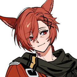  1boy animal_ears belt belt_buckle black_belt black_cloak buckle cat_boy cat_ears chu_yeon cloak closed_mouth dutch_angle facial_mark final_fantasy final_fantasy_xiv g'raha_tia hair_between_eyes looking_to_the_side male_focus neck_tattoo parted_hair portrait red_eyes red_hair sideways_glance simple_background slit_pupils smile solo tattoo white_background 