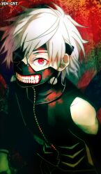  1boy black_jacket commentary english_commentary eyepatch jacket kaneki_ken looking_at_viewer male_focus mask mouth_mask red_eyes screw short_hair signature solo tokyo_ghoul white_hair yencat zipper 