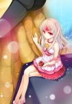  apple apple_(elsword) bare_shoulders crossed_legs elsword eve_(elsword) food forehead_jewel fruit jewelry long_hair necklace oao pink_eyes shoes sitting skirt solo white_hair 