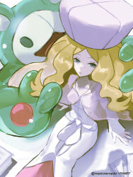  1girl blonde_hair breasts caitlin_(pokemon) cape closed_mouth commentary dress english_commentary green_eyes hat highres large_hat long_hair long_sleeves looking_at_viewer mayotsunamayo parted_bangs pink_hat pokemon pokemon_(creature) pokemon_black_and_white reuniclus see-through_cape see-through_clothes sitting small_breasts solo twitter_username very_long_hair white_dress 