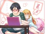  1girl arm_hug black_hair blonde_hair brother_and_sister computer computer_mouse kousaka_kirino kousaka_kyousuke laptop long_hair ore_no_imouto_ga_konna_ni_kawaii_wake_ga_nai raglan_sleeves siblings sleep_wear sleeping sleepwear suzuki_hanako table 