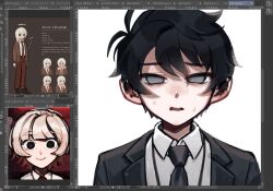  2boys akinashi_haru art_program_in_frame black_hair black_jacket black_necktie clip_studio_paint collared_shirt commentary double-parted_bangs empty_eyes english_commentary grey_eyes hair_between_eyes jacket lanyard multiple_boys multiple_views necktie open_clothes open_jacket open_mouth saihate_eki shirt short_hair sidelocks simple_background solo_focus suit_jacket sweat tatsunami_shion tosteurmori wavy_mouth white_background white_shirt 