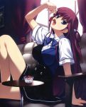  absurdres asymmetrical_clothes blue_eyes breasts cherry couch curtains eating food fruit fumio fumio_(ura_fmo) grisaia_no_kajitsu highres holding holding_fruit long_hair looking_at_viewer open_mouth purple_hair red_hair ribbon school_uniform skirt suou_amane window 