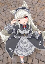  1girl :d ;d animal_ears asagi501 black_corset blush breasts character_request commentary_request corset dress drill_hair feet_out_of_frame fox_ears frilled_dress frilled_ribbon frilled_sleeves frills from_above grey_dress grey_ribbon hair_ribbon hands_up highres long_hair long_sleeves looking_at_viewer looking_up medium_breasts medium_dress one_eye_closed open_mouth original red_eyes ribbon shirt smile solo standing tongue twin_drills vrchat white_hair white_shirt yellow_trim 