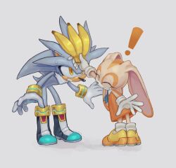 ! 1boy 1girl absurdres animal_ears banana boots brown_eyes brown_fur cicirca closed_eyes cream_the_rabbit dress food fruit furry furry_female furry_male gloves grey_fur hedgehog highres holding holding_food holding_fruit orange_dress rabbit_ears rabbit_girl shirt silver_the_hedgehog sleeveless sleeveless_shirt sonic_(series) white_gloves yellow_boots 