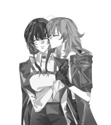  2girls ahoge blush breasts chest_belt choker chongniu29889 closed_eyes closed_mouth collared_shirt couple covered_collarbone cowboy_shot earrings eyelashes from_side gloves greyscale hair_between_eyes hand_up high-waist_shorts highres holding_hands honkai:_star_rail honkai_(series) jacket jewelry kafka_(honkai:_star_rail) kiss kissing_cheek lapels large_breasts long_hair long_sleeves miniskirt monochrome multiple_girls open_clothes open_jacket pearl_earrings puffy_long_sleeves puffy_sleeves shirt shorts sidelocks simple_background single_earring skirt smile standing stelle_(honkai:_star_rail) t-shirt trailblazer_(honkai:_star_rail) yuri 