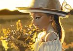  aro_(charged_time_out) bare_shoulders blonde_hair brown_eyes child day depth_of_field field flower half-closed_eyes hat long_hair looking_down mountain original outdoors realistic rough solo sun_hat sunlight young 