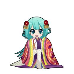  1girl aqua_eyes aqua_hair black_outline blush checkered_sash chibi chibi_only full_body game_asset hair_ornament hatsune_miku hatsune_miku_graphy_collection japanese_clothes karaginu_mo kimono layered_kimono long_hair looking_at_viewer obi open_mouth outline purple_kimono raised_inner_eyebrows sash sleeves_past_fingers sleeves_past_wrists solo standing tearing_up transparent_background very_long_hair vocaloid 