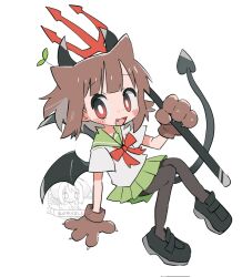  1girl animal_hands black_leggings black_shoes blunt_bangs brown_hair character_request commentary_request demon_horns demon_tail fang gloves green_sailor_collar green_skirt highres horns leggings low_wings naka_(buttergirl_02) original paw_gloves red_eyes sailor_collar school_uniform serafuku shirt shoes short_sleeves simple_background skirt solo tail white_background white_shirt wings 