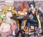  1boy 1girl black_hair blonde_hair blue_eyes cattleya_(pokemon) chair character_request crossed_legs duosion elite_four formal giima_(pokemon) green_eyes hat head_rest lace legs_crossed long_hair musharna no_socks pokemoa pokemon pokemon_(creature) pokemon_(game) pokemon_bw purrloin scarf scrafty sitting solosis table tears very_long_hair wavy_hair 