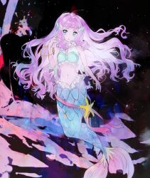  1girl abstract_background aqua_eyes bracelet commentary_request crop_top fins highres jewelry laura_la_mer_(mermaid) long_hair merfolk mermaid midriff monster_girl navel pink_hair precure solo tropical-rouge!_precure very_long_hair yukiumisaka 