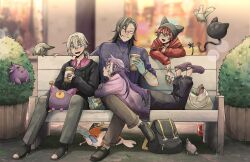  4boys alternate_costume animal_hat bag banzoin_hakka bench bird black_hair black_skin blue_eyes blue_hair cardigan cat_hat choker colored_extremities colored_skin commentary creature crossed_arms cup disposable_coffee_cup disposable_cup earrings gavis_bettel glasses grey_hair hair_between_eyes hakkito_(banzoin_hakka) hat highres holding holding_cup holostars holostars_english holotempus hood hoodie jewelry josuiji_shinri koipanion_(josuiji_shinri) leaning_on_object long_hair long_sleeves looking_at_another lying lying_on_lap machina_x_flayon machiroon_(machina_x_flayon) male_focus mechanical_tail medium_hair multicolored_hair multicolored_skin multiple_boys on_bench on_stomach open_mouth orange_eyes outdoors park_bench phantom_(gavis_bettel) pigeon pink_eyes pink_hair ponytail purple_hair rainycoffeebean red_hair short_hair sitting smile streaked_hair tail twitter_username untranslatable_commentary virtual_youtuber watch watch white_hair 