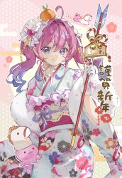  1girl absurdres ahoge arrow_(projectile) beebee1120 bell blue_eyes blue_hair blue_kimono chinese_zodiac closed_mouth earrings ema floral_print food food_on_head fruit fruit_on_head gloves gradient_hair hair_between_eyes hair_intakes hamaya highres holding holding_arrow japanese_clothes jewelry kagami_mochi kimono long_hair long_sleeves looking_at_viewer mandarin_orange multicolored_hair new_year obi object_on_head original pink_hair print_kimono sash smile solo twintails white_gloves wide_sleeves 