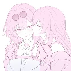  2girls artist_name bare_shoulders blush breasts butterfly_pin chest_belt closed_eyes closed_mouth collared_shirt couple earrings english_commentary eyelashes eyewear_on_head from_side hair_between_eyes half-closed_eyes highres honkai:_star_rail honkai_(series) jacket jewelry kafka_(honkai:_star_rail) kiss kissing_cheek lapels large_breasts lips long_hair long_sleeves looking_at_another low_ponytail monochrome multiple_girls open_clothes open_jacket pearl_earrings ponytail round_eyewear samlatte shirt sidelocks simple_background single_earring smile spider_web_print stelle_(honkai:_star_rail) sunglasses t-shirt trailblazer_(honkai:_star_rail) upper_body yuri 