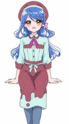  1girl biwako_(biwa27) blue_hair blue_pantyhose braid collared_shirt green_shirt hair_ornament hat howa_kurea long_hair long_sleeves looking_at_viewer meitantei_precure! open_mouth pantyhose precure red_hat red_skirt shirt simple_background sitting skirt solo upper_body white_background yellow_eyes 