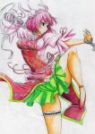  amputee chinese_clothes colored_pencil_(medium) cuffs double_bun fighting_stance flat_gaze flower highres ibaraki_kasen kitazinger kung_fu legs pink_hair profile rose serious shackles skirt slippers solo standing_on_one_leg tabard thigh_strap touhou traditional_media 