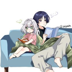  ... 1boy 1girl alternate_costume alternate_hairstyle baggy_pants barefoot black_hair black_shirt blanket blue_eyes blunt_ends book bright_pupils casual choppy_bangs closed_mouth colored_tips contemporary couch cross-shaped_pupils eyelashes eyeliner genshin_impact gradient_hair green_blanket green_eyes green_hair grey_pants hair_between_eyes hair_down hair_intakes half-closed_eyes hand_on_own_knee highres julydelic knee_up looking_at_object makeup multicolored_hair nahida_(genshin_impact) open_book pants pink_shirt pink_sleeves plaid_blanket pointy_ears raised_eyebrows reading red_eyeliner scaramouche_(genshin_impact) shared_blanket shirt short_sleeves smile spoken_ellipsis symbol-shaped_pupils tareme toes twitter_username wavy_hair white_background white_hair white_pupils yellow_pupils 