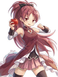  1girl apple black_bow bow dress fang food fruit gem hair_bow hands_up highres holding holding_food holding_fruit long_hair looking_at_viewer magical_girl mahou_shoujo_madoka_magica mahou_shoujo_madoka_magica_(anime) open_mouth ponytail purigetsu red_dress red_eyes red_hair sakura_kyoko simple_background smile solo thigh-highs white_background 