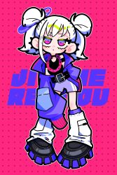  absurdres baggy_clothes belt black_belt black_shoes blue_eyes blue_jacket blue_shoes chain chain_necklace commentary_request deformed hair_ornament hairpin highres jacket jersey jewelry jitome leg_warmers mugi_com2 multicolored_eyes necklace necktie oversized_clothes oversized_shoes piercing pink_background pink_eyes pink_jacket pink_necktie shoes shorts sleeves_past_wrists toon_(style) twintails white_hair 
