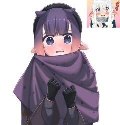  1girl absurdres beret black_gloves blue_eyes blush ear_blush fang gloves gradient_hair hat highres hololive hololive_english mole mole_under_eye multicolored_hair ninomae_ina'nis open_mouth orange_hair pointy_ears purple_hair reference_inset seiaru simple_background solo tentacle_hair virtual_youtuber white_background 