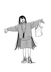  1girl bag blush cellphone closed_eyes colored_inner_hair commentary_request full_body glasses greyscale grocery_bag hair_between_eyes highres jacket ken_sogen lanyard long_hair mei_(seishun_bakusou) monochrome multicolored_hair official_art open_mouth outstretched_arms phone plastic_bag round_eyewear seishun_bakusou! shoes shopping_bag shorts simple_background smartphone smile sneakers solo spread_arms standing teeth track_jacket upper_teeth_only very_long_hair white_background 