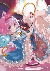  1girl absurdres black_hairband blue_shirt buttons closed_mouth collared_shirt commentary_request disembodied_linked_eye eyeball floral_print frilled_shirt_collar frilled_skirt frilled_sleeves frills hair_ornament hairband heart heart_button heart_hair_ornament highres komeiji_satori l.f. legs_up long_sleeves looking_at_viewer lying on_back pink_eyes pink_hair pink_skirt print_skirt ribbon-trimmed_collar ribbon_trim rose_print shirt short_hair skirt smile socks solo touhou white_socks wide_sleeves 