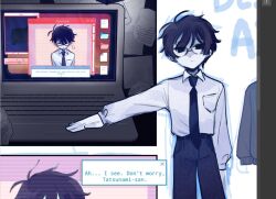  1boy akinashi_haru antenna_hair art_program_in_frame belt black_belt black_eyes black_hair black_necktie black_pants breast_pocket clip_studio_paint clip_studio_paint_(medium) collared_shirt commentary computer cowboy_shot english_commentary english_text expressionless glasses let's_draw_short-haired_hinanawi_tenshi long_sleeves looking_at_viewer male_focus monitor multiple_views necktie pants pocket saihate_eki screenshot shirt sidelocks standing tosteurmori user_interface white_shirt 