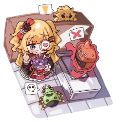  ! 1girl absurdres akai_haato akai_haato_(gothic_lolita) bad_food black_capelet black_dress black_flower black_rose blonde_hair blue_eyes bow bowl bug capelet chibi commentary cooking crossover dress eyepatch flower frilled_capelet frilled_dress frilled_skirt frills full_body gothic_lolita hair_flower hair_ornament heart heart_eyepatch highres holding holding_bowl hololive indoors jadea5124 joltik layered_skirt lolita_fashion long_hair medical_eyepatch mixing_bowl nervous_sweating official_alternate_costume official_alternate_hairstyle pink_skirt pokemon pokemon_(creature) red_dress refrigerator rose rotom rotom_(frost) skirt smile spider spinarak spoken_exclamation_mark spoken_skull spoken_x sweat two_side_up untranslatable_commentary virtual_youtuber x_hair_ornament 