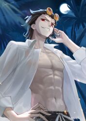  1boy absurdres collared_shirt commentary_request eyewear_on_head from_below hair_slicked_back hand_in_own_hair hand_on_own_hip highres looking_at_viewer male_focus mameneko_2 michael_roa_valdamjong moon navel night open_clothes open_shirt pale_skin palm_tree pectorals red_eyes sharp_teeth shirt smile smirk solo sunglasses teeth tree tsukihime tsukihime_(remake) white_shirt 