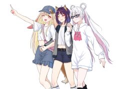  3girls alternate_costume animal_ears belt bespectacled black-framed_eyewear blonde_hair blue_eyes blue_hair blue_nails blush cho_kaguya-hime! closed_eyes commentary_request crescent crescent_hair_ornament feet_out_of_frame forehead_jewel fox_ears glasses hair_ornament hair_rings highres holding_hands hood hoodie interlocked_fingers kaguya_(cho_kaguya-hime!) korean_commentary long_hair long_sleeves looking_at_another lop_rabbit_ears midriff multicolored_hair multiple_girls navel open_mouth orange_eyes pink_hair pointing purple_hair purple_nails rabbit_ears red_nails runami_yachiyo sakayori_iroha short_hair short_shorts short_sleeves shorts simple_background smile twintails two-tone_hair very_long_hair white_background white_hair white_hoodie xp0p0p0x yuri 
