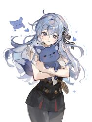  1girl absurdres animal black_bow black_pantyhose black_skirt blue_eyes blue_hair blush bow closed_mouth cowboy_shot eungkoyaru fox hair_between_eyes heart highres holding holding_animal long_hair looking_at_viewer oc_x_canon original pantyhose pocket_watch ribbon shirt simple_background skirt sleeveless sleeveless_shirt smile solo watch white_background white_shirt 