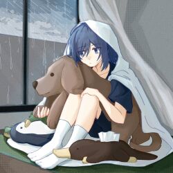  1girl adieuzhaowu black_shirt blue_eyes blue_hair commentary condensation glass_door highres indoors knees_up medium_hair miyagi_shiori no_shoes rain shirt shorts shuuniichido_classmate_wo_kau_hanashi sitting sliding_doors socks solo stuffed_animal stuffed_toy t-shirt under_covers untranslatable_commentary white_socks window_fog 