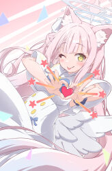  1girl :p ;p absurdres animal_ear_fluff animal_ears black_scrunchie blue_archive blue_bow blue_bowtie blunt_bangs blush bow bowtie breasts buttons capelet cat_ears cat_girl closed_mouth commentary_request cowboy_shot double-breasted dress dress_bow dutch_angle extra_ears eyelashes feathered_wings floating_hair four-finger_heart_hands hair_bun halo happy heart heart_hands heart_in_heart_hands highres impossible_clothes impossible_dress kemonomimi_mode large_breasts long_hair looking_at_viewer low_wings mika_(blue_archive) one_eye_closed pink_background pink_hair pink_halo scrunchie simple_background single_side_bun smile solo star_(symbol) tomonx tongue tongue_out very_long_hair white_capelet white_dress white_wings wings wrist_scrunchie yellow_eyes yellow_pupils 