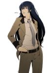  adult belt blue_eyes blue_hair breasts formal hand_on_hip hips long_hair looking_at_viewer mushisotisis necktie older pants persona persona_4 persona_x_detective serious shirogane_naoto solo standing suit text 